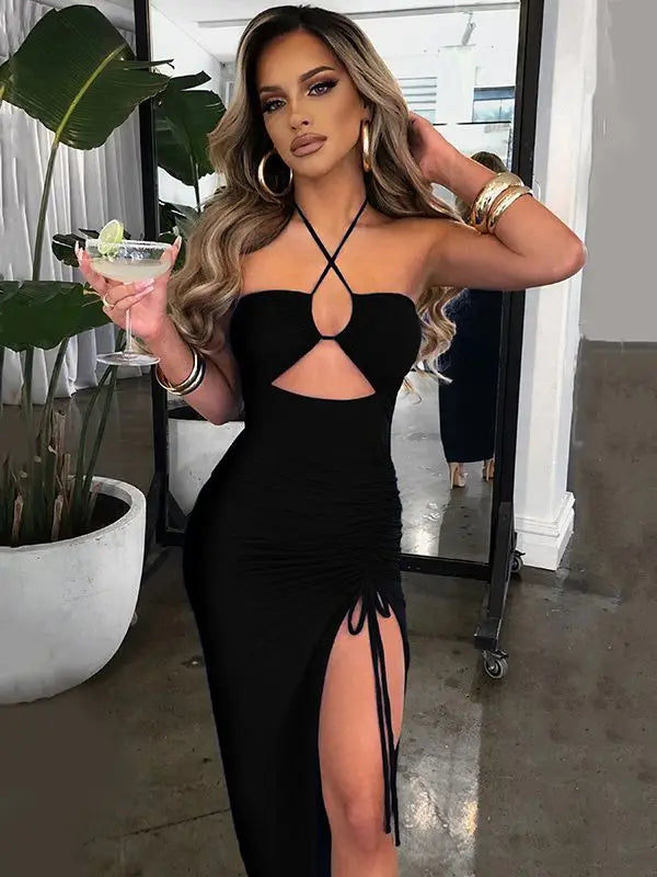 LVSANW Cryptographic Hot Summer Sexy Halter Backless Sleeveless Cut Out Maxi Dress for Women Elegant Club Party Slit Dresses Vestido