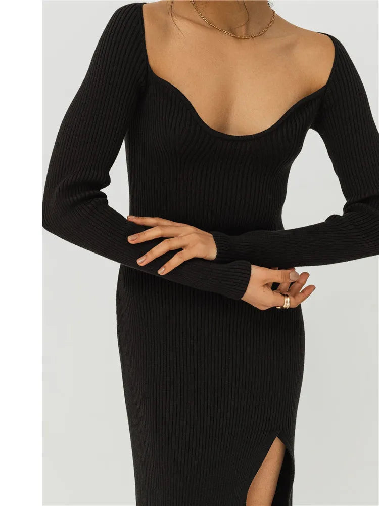 LVSANW Cryptographic Square Collar Elegant Ribbed Knitting Slit Dress for Women Autumn Winter Fashion Outfits Sexy Midi Dresses Clothes