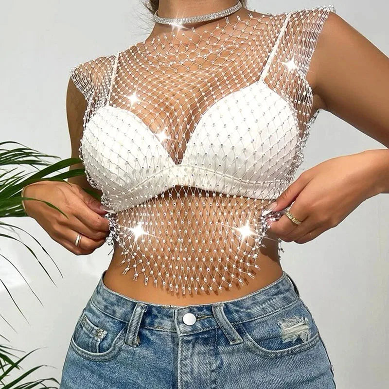 LVSANW Crystal Beading Shiny Tanks Summer Girls Party Club Sexy Hollow Out Rhinestones Camis Winky Cropped Navel Sleeveless Vest