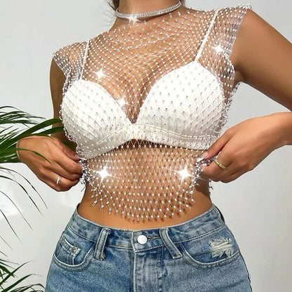 LVSANW Crystal Beading Shiny Tanks Summer Girls Party Club Sexy Hollow Out Rhinestones Camis Winky Cropped Navel Sleeveless Vest