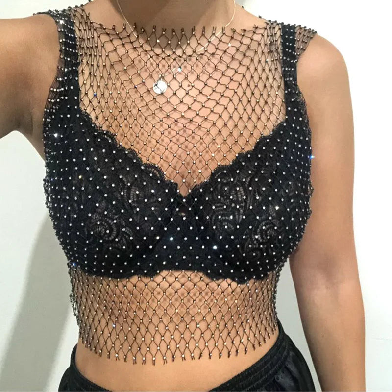 LVSANW Crystal Beading Shiny Tanks Summer Girls Party Club Sexy Hollow Out Rhinestones Camis Winky Cropped Navel Sleeveless Vest