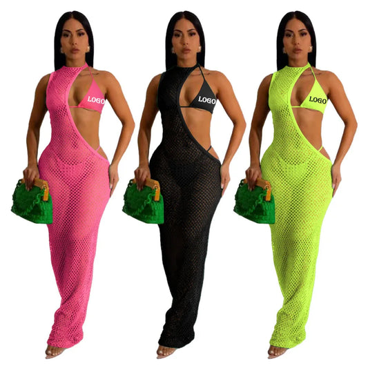 LVSANW Custom LOGO European and American Sexy Beach Style Women's Mesh Clothes Hollow out Dress Rope Top Three Piece Set New Style