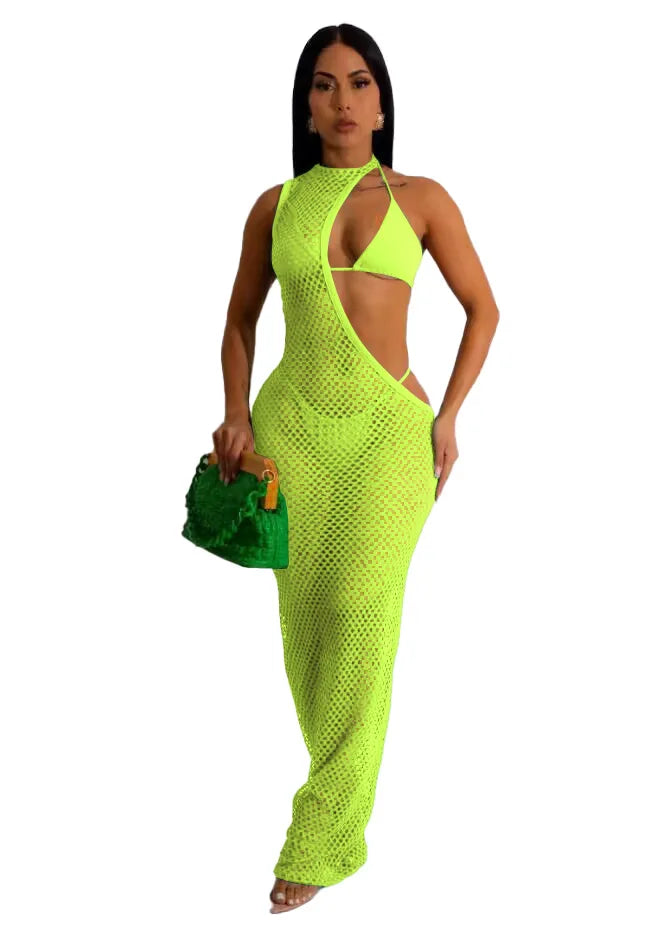 LVSANW Custom LOGO European and American Sexy Beach Style Women's Mesh Clothes Hollow out Dress Rope Top Three Piece Set New Style