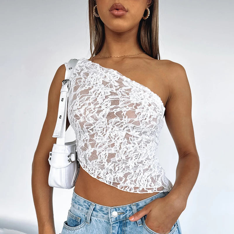 LVSANW Cutenova Lace Slant Neck Off Shoulder Irregular Hem Top Sexy See Through Solid Color One Shoulder Sleeveless Crop Backless Top