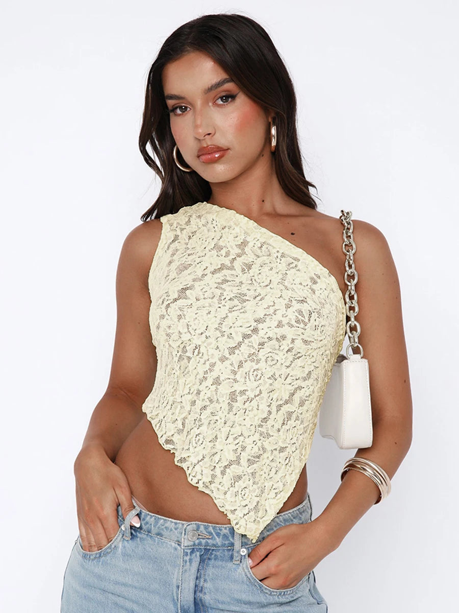 LVSANW Cutenova Lace Slant Neck Off Shoulder Irregular Hem Top Sexy See Through Solid Color One Shoulder Sleeveless Crop Backless Top