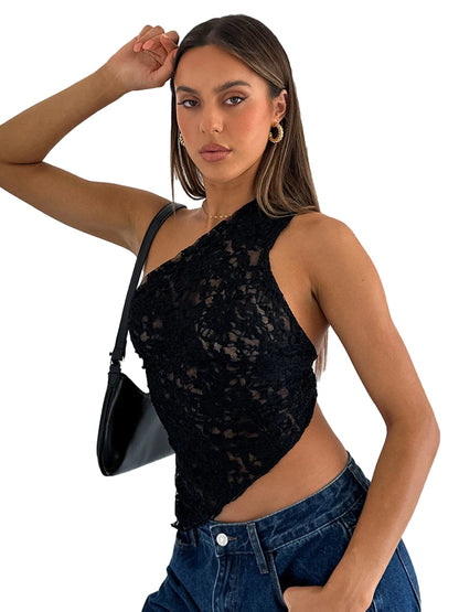 LVSANW Cutenova Lace Slant Neck Off Shoulder Irregular Hem Top Sexy See Through Solid Color One Shoulder Sleeveless Crop Backless Top