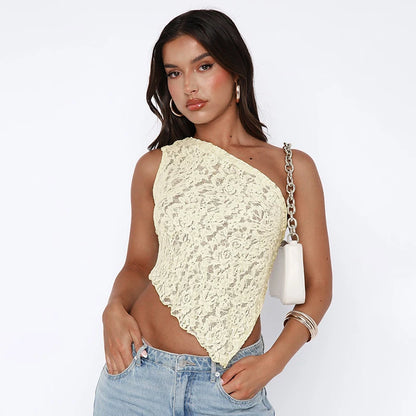 LVSANW Cutenova Lace Slant Neck Off Shoulder Irregular Hem Top Sexy See Through Solid Color One Shoulder Sleeveless Crop Backless Top