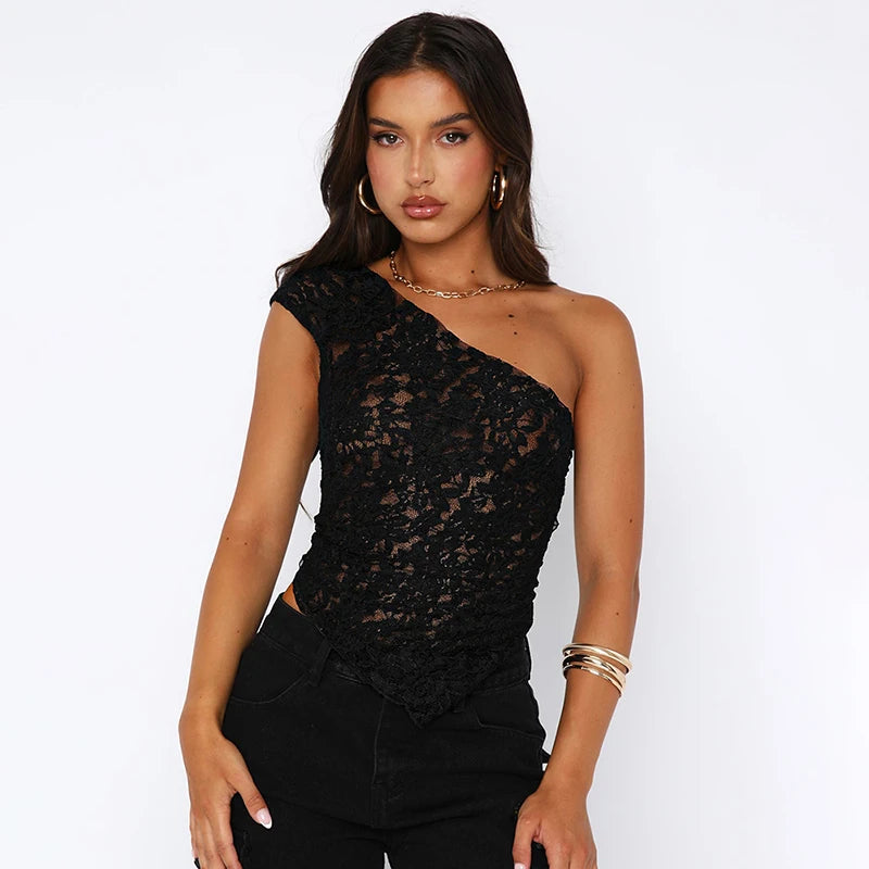 LVSANW Cutenova Lace Slant Neck Off Shoulder Irregular Hem Top Sexy See Through Solid Color One Shoulder Sleeveless Crop Backless Top