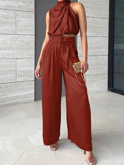 LVSANW Drauuing Beige Two Piece Pants Sets Women Outfit Silk Pleated Texture Sleeveless Top Wide Leg Pants Set Summer Matching Sets