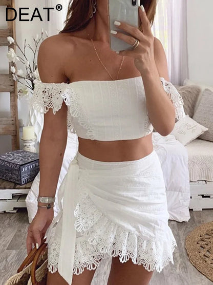 LVSANW DEAT 2024 Fashion Summer White Lace Hollow Out Bandage Bodycon Slash Neck Short Top Mini Skirt Two Piece Set Women Outfits MI629