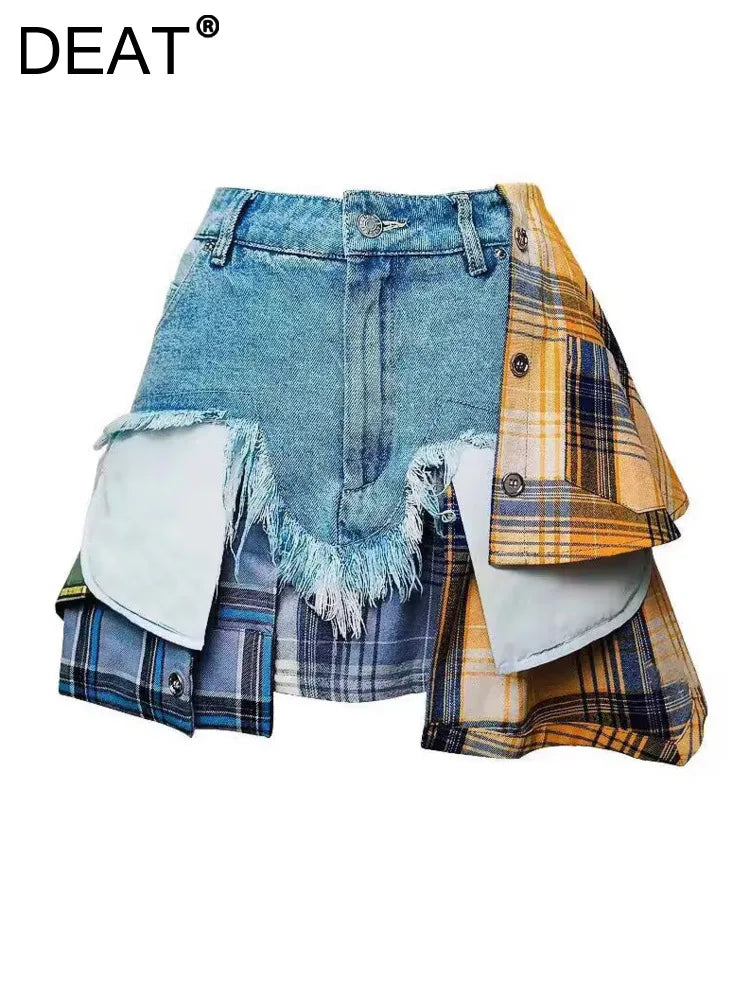 LVSANW DEAT Fashion Women's Denim Skirt Colored Plaid Patchwork Irregular Deconstructed A-line High Waist Mini Skirts Summer 2024 New