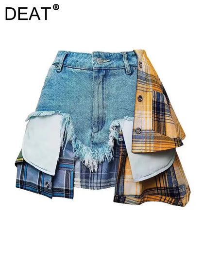 LVSANW DEAT Fashion Women's Denim Skirt Colored Plaid Patchwork Irregular Deconstructed A-line High Waist Mini Skirts Summer 2024 New