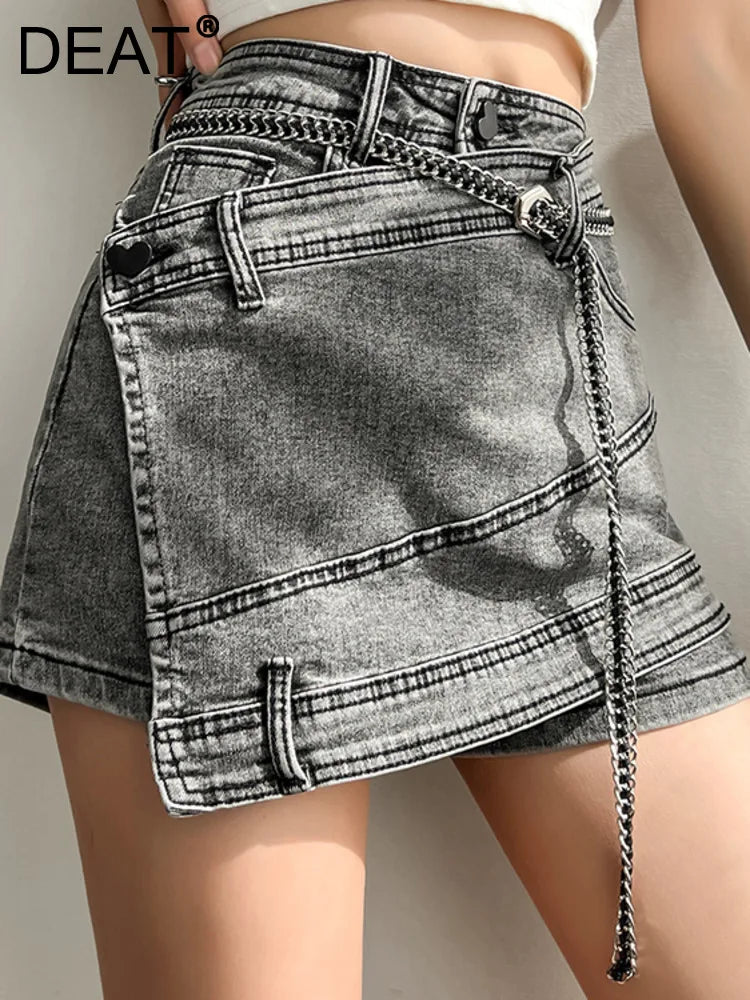 LVSANW DEAT Fashion Women's Denim Skirt New High Waist Irregular Chain Spliced Gray Above Knee Skirts Female Tide Summer 2024 17A1443