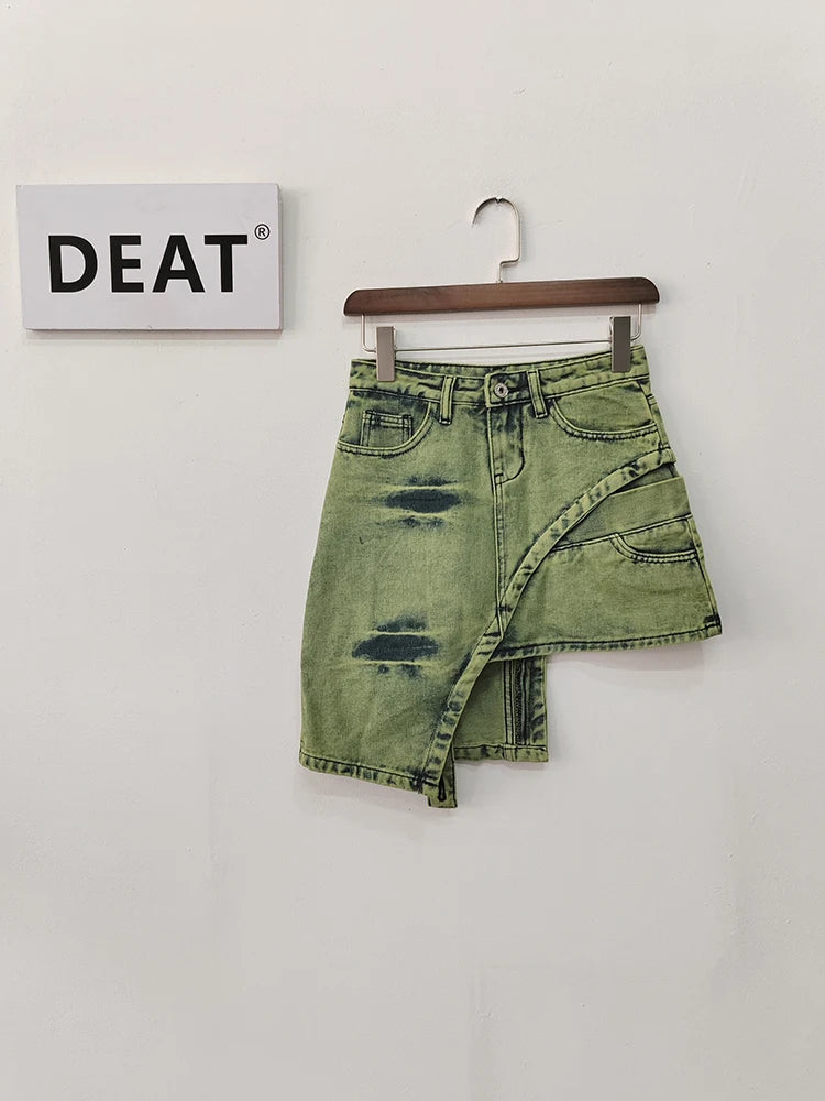 LVSANW DEAT Fashion Women's Skirt High Waist Patchwork Irregular Mini Above Knee Tie-dyed Green Denim Skirts Spring 2024 New 17A1759