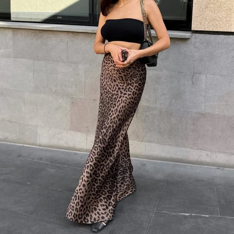 LVSANW DEEPTOWN Vintage Long Leopard Skirt Women Sexy Streetwear High Waist A-line Slim Print Maxi Mermaid Skirt Summer Party Club