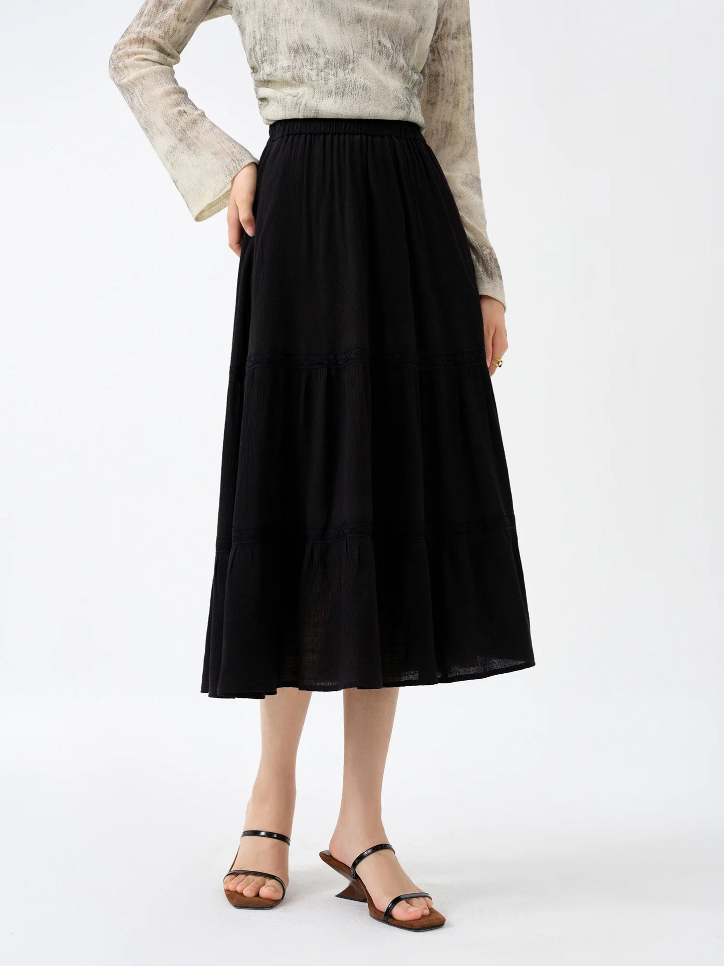 LVSANW DUSHU【2 Colors】High Waist Drape Women White Cake Skirts Elastic Waist Black A-LINE Commuter Black Autumn Skirt 24DS83127