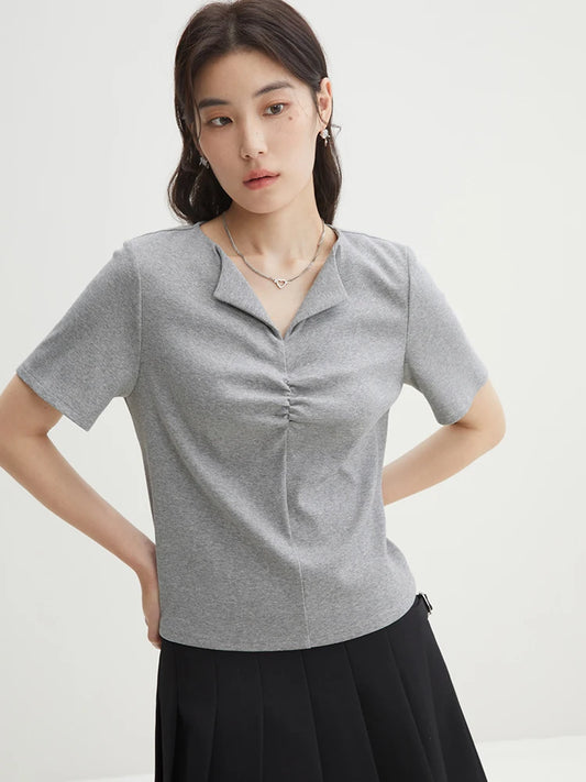 LVSANW DUSHU【2 Colors】Women Simple Pleated Lapel Short-sleeved T-shirts Summer Front Shoulder Thin Knitted Grey Tees 24DS82113