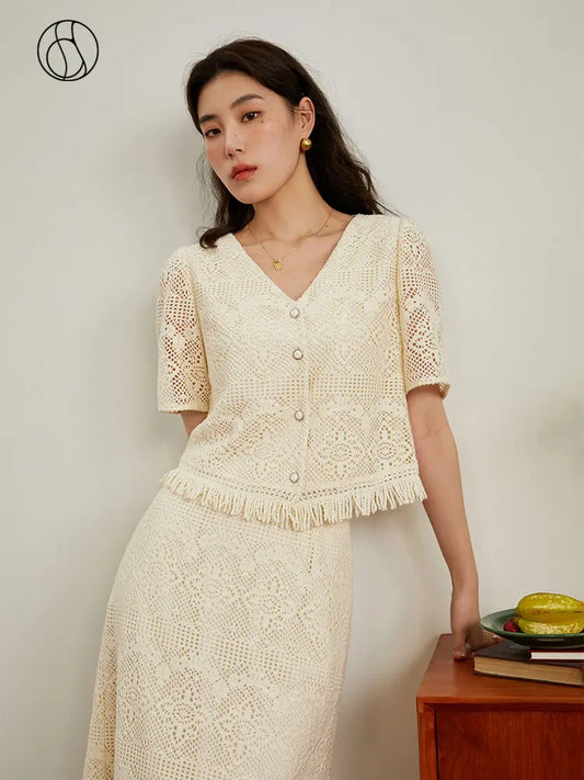 LVSANW DUSHU Advanced Design Lace Holiday Style French Two Piece Dress Summer New 2024 Fashion Set For Women Light Yellow Women Set