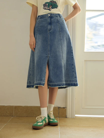 LVSANW DUSHU Double Version Retro Washed Denim Skirt for Women High Waist Slimming 2024 Summer New All-match Skirts Female 24DS82015