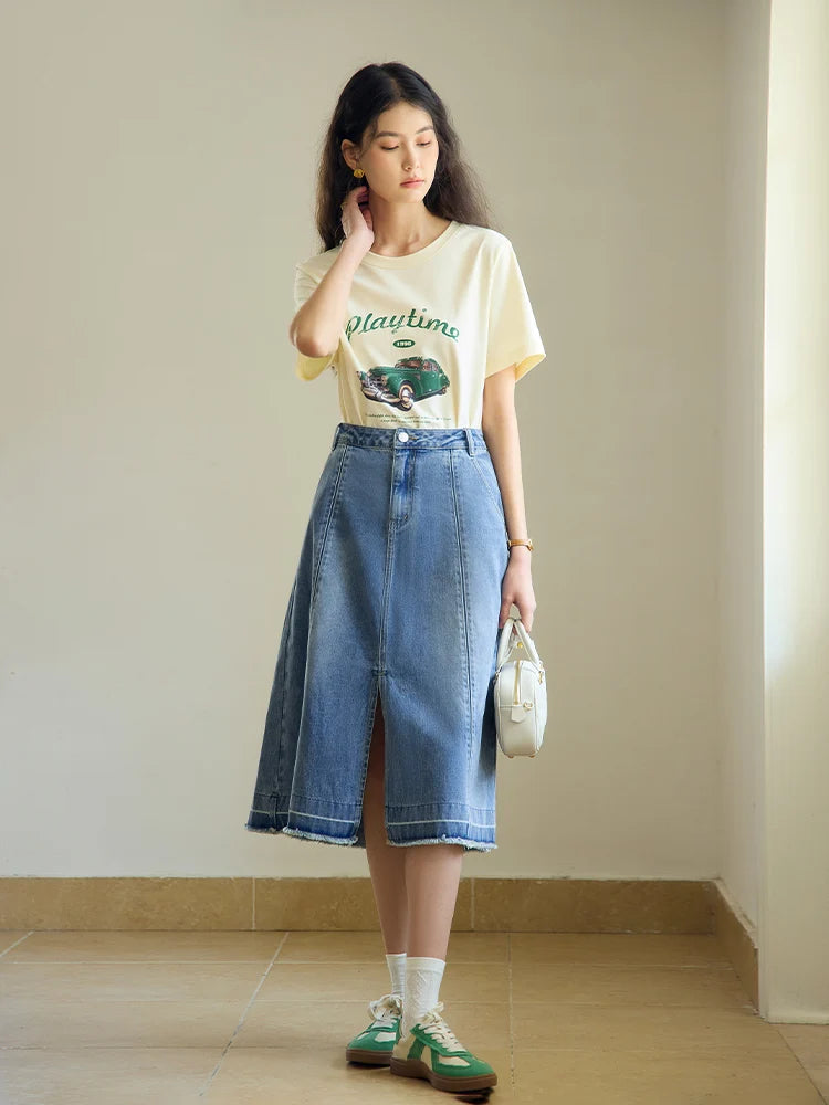 LVSANW DUSHU Double Version Retro Washed Denim Skirt for Women High Waist Slimming 2024 Summer New All-match Skirts Female 24DS82015