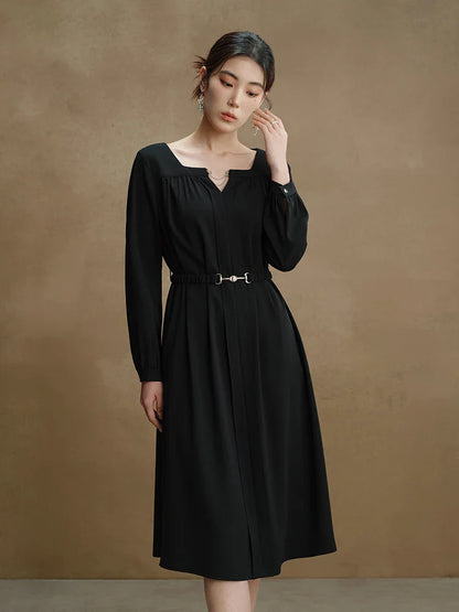 LVSANW DUSHU [High-end Black Label Series] Temperament Commute Style High Waist Dress for Women Autumn Newly Square Neck A-Line Dress