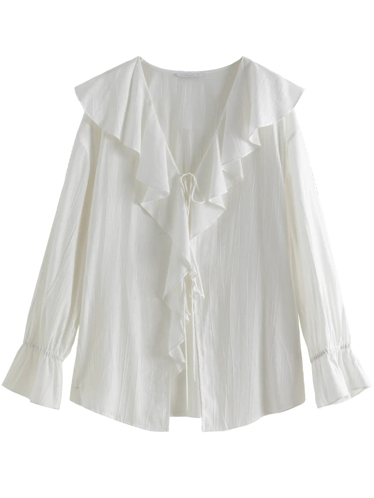 LVSANW DUSHU Ruffled White Women Loose Shirt Summer Sun Protecting Long Sleeve Blouses Lace Up Female Solid Blouse Tops 24DS82586