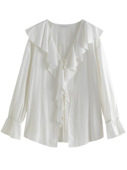 LVSANW DUSHU Ruffled White Women Loose Shirt Summer Sun Protecting Long Sleeve Blouses Lace Up Female Solid Blouse Tops 24DS82586