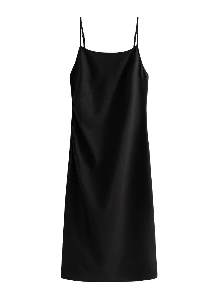 LVSANW DUSHU Women Long Black Slip Dress Slit Design Elegant Square Neck Slip Dress Adjustable Strap Spring Women Solid Dress