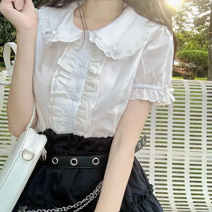 LVSANW Deeptown Kawaii Lolita Blouses White Women Cute Lace Tops Ruffle Shirts Vintage Puff Sleeve Japanese Preppy Style Sweet Tops