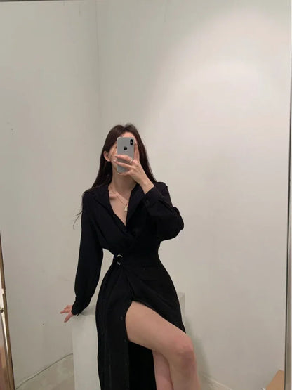 LVSANW Deeptown Korean Style Black Midi One Piece Dress Women Coquette Shirt Holiday Dresses Elegant Spilt Long Sleeve Winter Vestidos