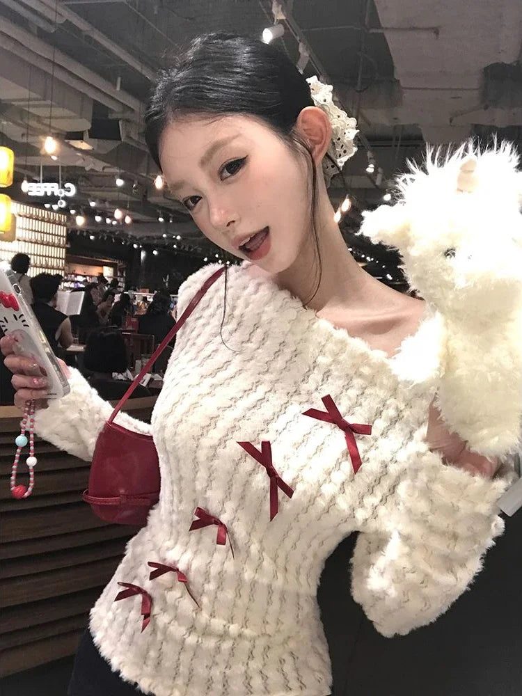 LVSANW Deeptown Sweet Bow Knitted Pullover Women Off Shoulder Sexy Long Sleeve Sweaters Korean Style Kawaii Autumn Winter Pullovers