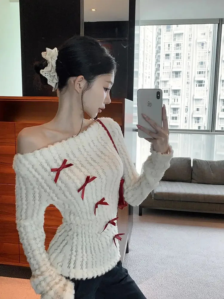 LVSANW Deeptown Sweet Bow Knitted Pullover Women Off Shoulder Sexy Long Sleeve Sweaters Korean Style Kawaii Autumn Winter Pullovers