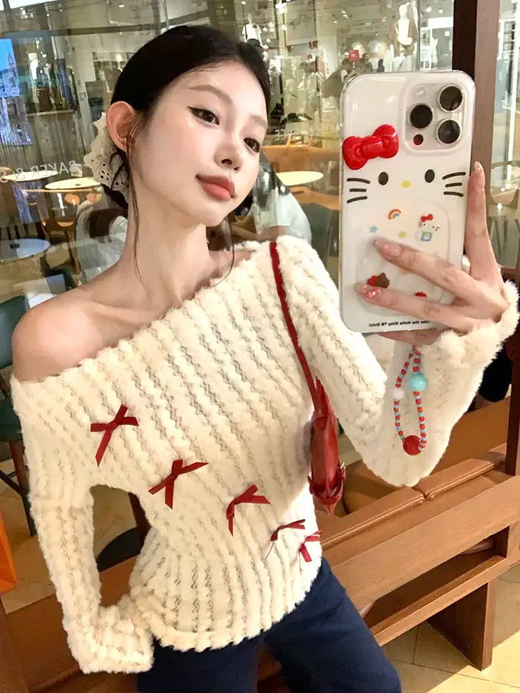 LVSANW Deeptown Sweet Bow Knitted Pullover Women Off Shoulder Sexy Long Sleeve Sweaters Korean Style Kawaii Autumn Winter Pullovers