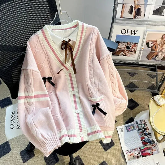 LVSANW Deeptown Sweet Coquette Sweaters Cardigan Women Kawaii Bow Knitted Cardigan Japanese Preppy Style Lolita Knitwears JK Jumpers