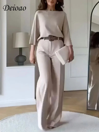 LVSANW Deioao Office 2-piece Set Tops And Pants For Women's  Summer Halft Sleeve Beige Slim Elegant Fashion Female Clothing Wide Pant