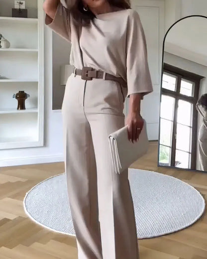 LVSANW Deioao Office 2-piece Set Tops And Pants For Women's  Summer Halft Sleeve Beige Slim Elegant Fashion Female Clothing Wide Pant