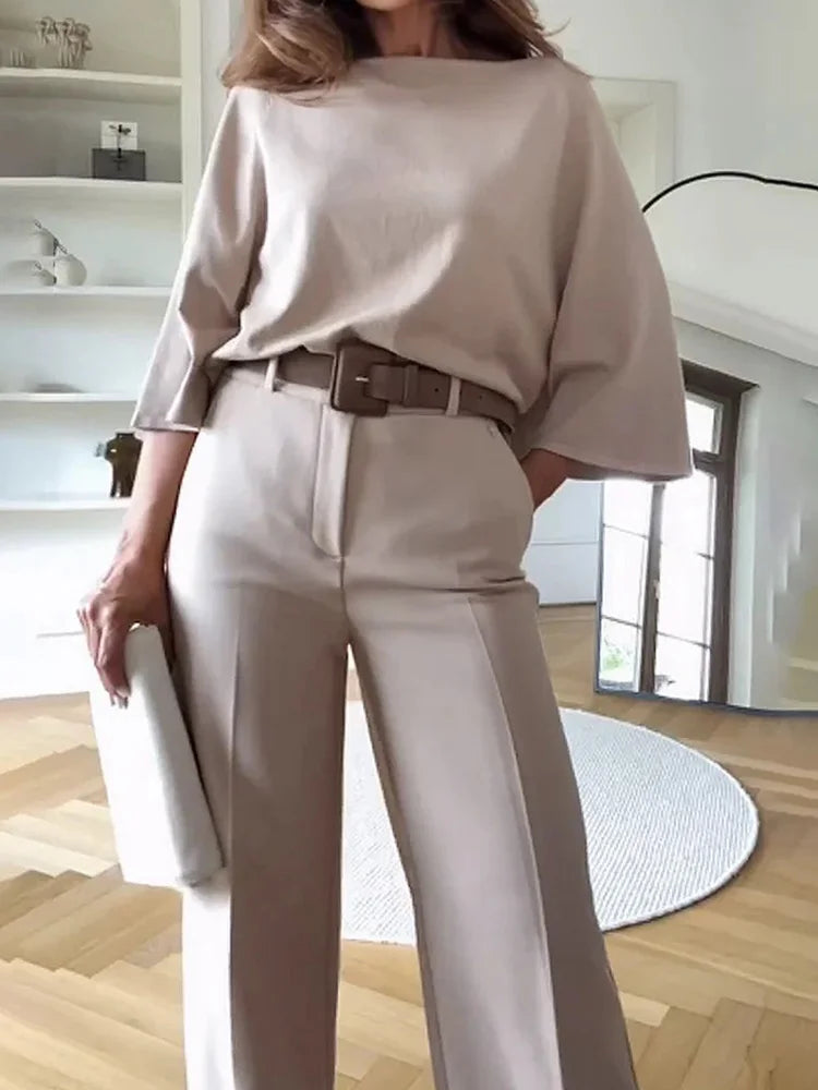 LVSANW Deioao Office 2-piece Set Tops And Pants For Women's  Summer Halft Sleeve Beige Slim Elegant Fashion Female Clothing Wide Pant