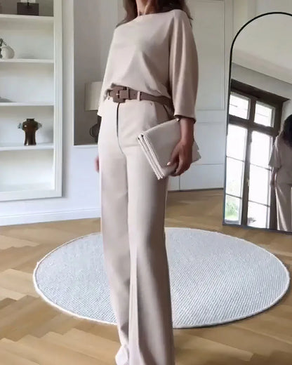 LVSANW Deioao Office 2-piece Set Tops And Pants For Women's  Summer Halft Sleeve Beige Slim Elegant Fashion Female Clothing Wide Pant