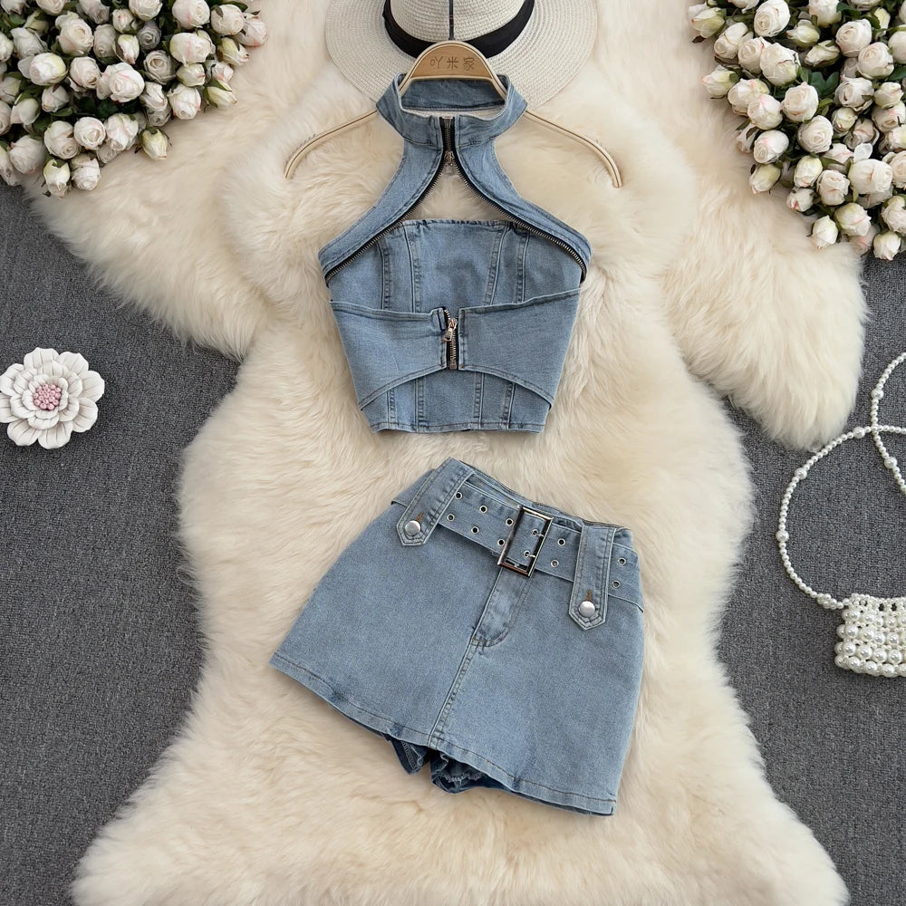 LVSANW Denim Short Skirts Sets For Women Halter Neck Hollow Out Backless Zipper Sexy Tops + Shorts Jeans 2 Pieces Set Suits