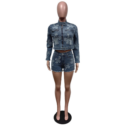 LVSANW Denim Shorts Matching Set Sexy Women Two Pieces Elegant Jeans Casual Outfit Jacket+Shorts