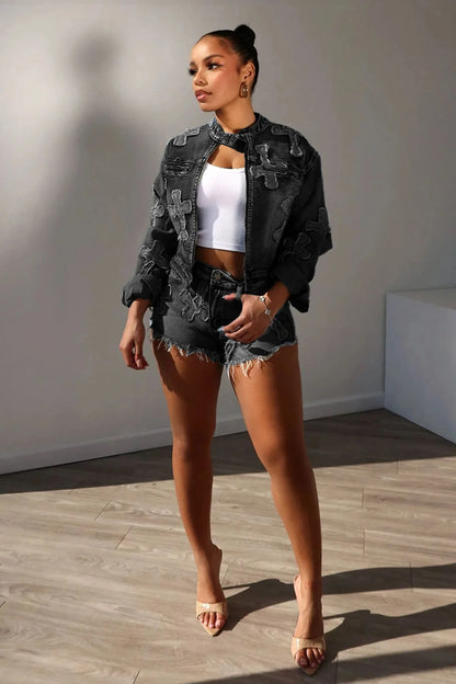 LVSANW Denim Shorts Matching Set Sexy Women Two Pieces Elegant Jeans Casual Outfit Jacket+Shorts