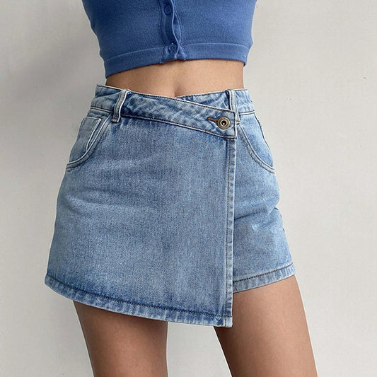 LVSANW Denim Skirt Shorts Women Y2K Casual Summer Solid High Waist Shorts Asymmetrical A-Line Female Streetwear Jean Mini Skirts Shorts