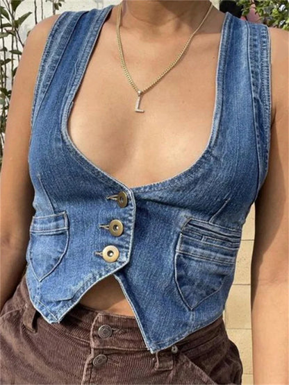 LVSANW Denim Vest Coat Vintage Women Sleeveless V Neck Button Tank Tops Dark Academia 2000s Gothic Waistcoat Female Summer Fall