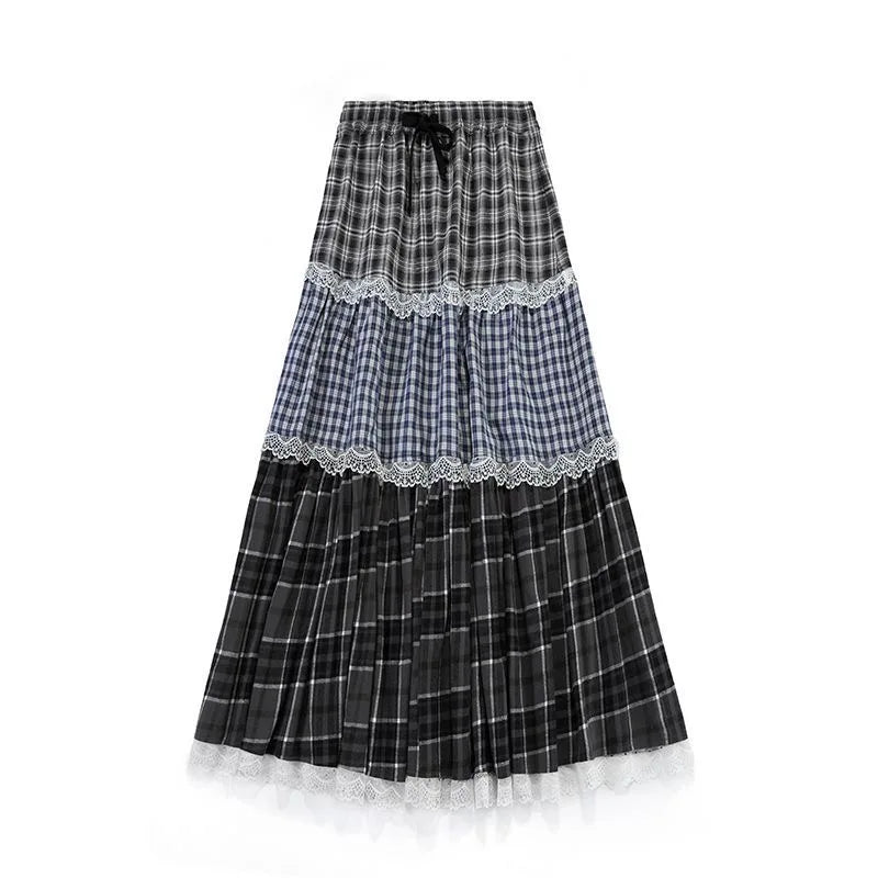 LVSANW Designer Christmas Plaid Lace Ruffles Maxi Skirt Cake Long Skirts Autumn Women A-line Midi Skirts England Classic Retro Skirt