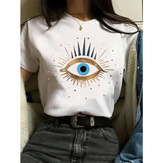 LVSANW Devil's Eye Printed Tee Shirts 100% Cotton Womens Crop T-shirts O-Neck Short Sleeves Casual Loose Clothes Fashion Female Tops