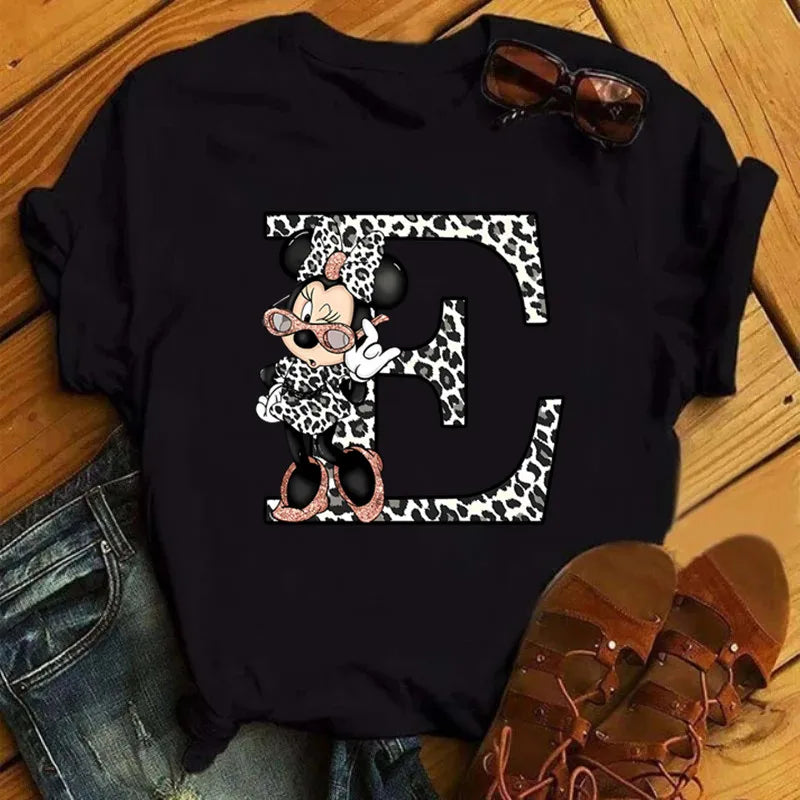 LVSANW Disney Leopard Minnie Mouse A-Z 26 English Letters Women T-shirt Short Sleeve Balck Tops Tee Clothing for Woman