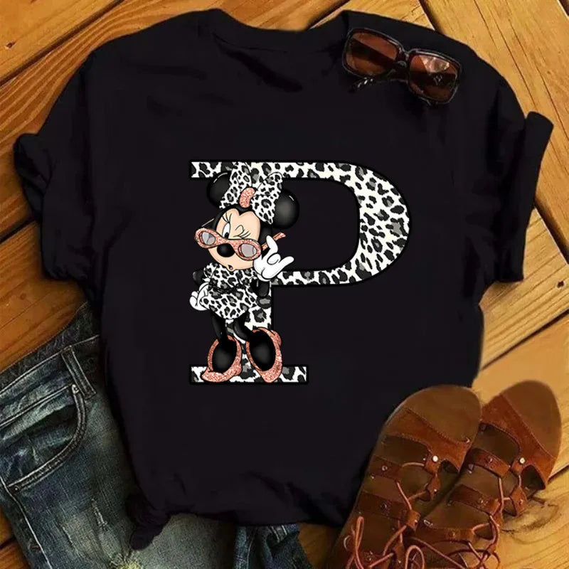 LVSANW Disney Leopard Minnie Mouse A-Z 26 English Letters Women T-shirt Short Sleeve Balck Tops Tee Clothing for Woman