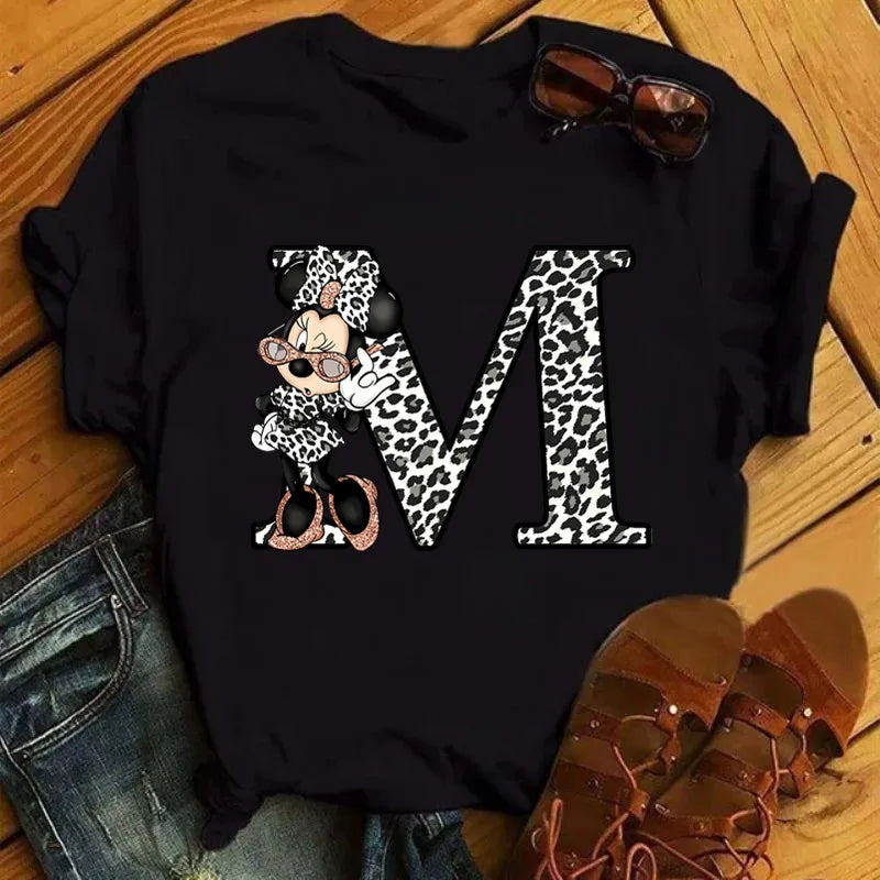 LVSANW Disney Leopard Minnie Mouse A-Z 26 English Letters Women T-shirt Short Sleeve Balck Tops Tee Clothing for Woman