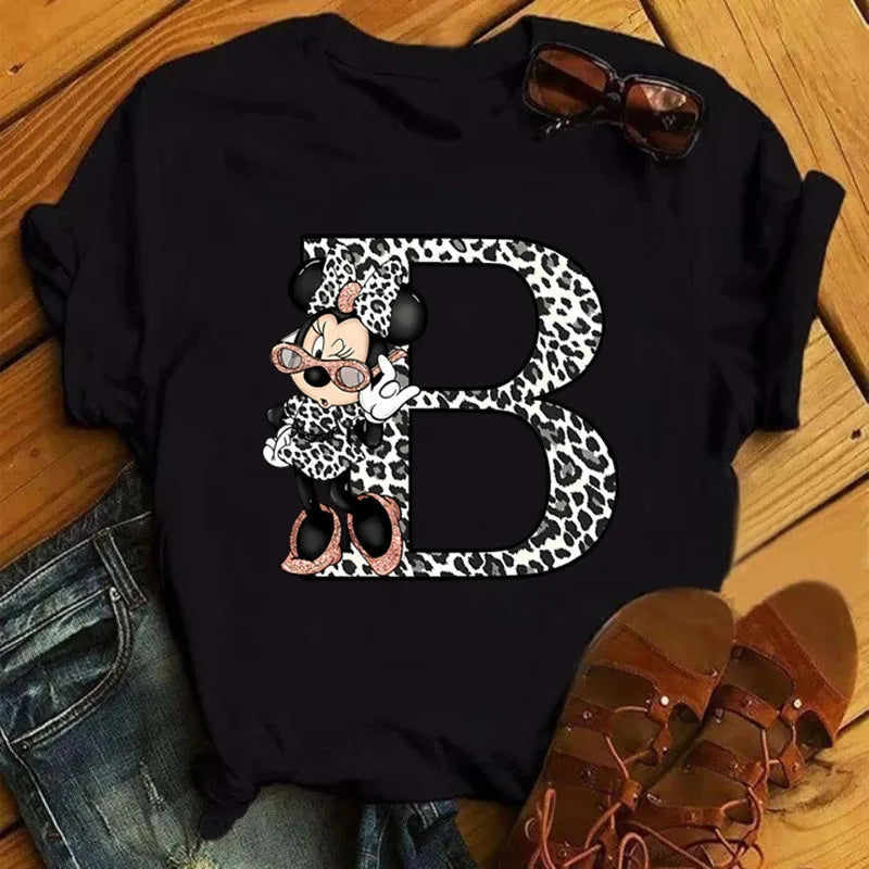 LVSANW Disney Leopard Minnie Mouse A-Z 26 English Letters Women T-shirt Short Sleeve Balck Tops Tee Clothing for Woman