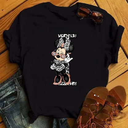 LVSANW Disney Leopard Minnie Mouse A-Z 26 English Letters Women T-shirt Short Sleeve Balck Tops Tee Clothing for Woman